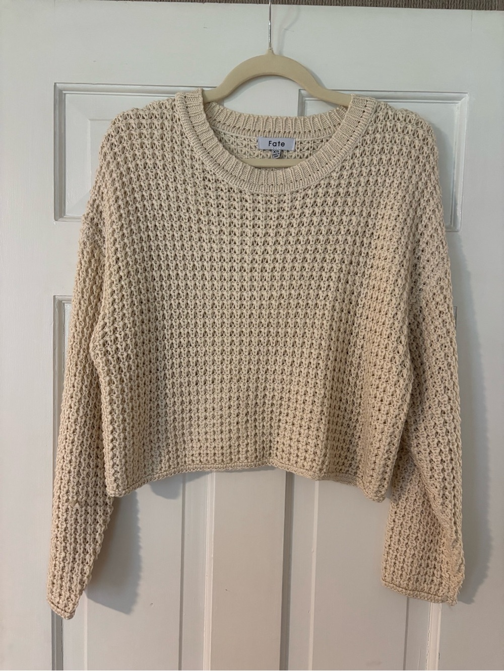 Fate Cream Waffle Knit Cropped Crew Sweater